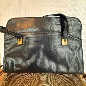 Vintage Black Leather Handbag Triple Compartment Gold Kiss Lock Frame Satchel